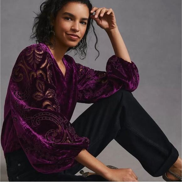 Anthropologie Top Womens Large Petite Purple Plum Velvet Cutout V Neck Bohemian - Picture 2 of 10